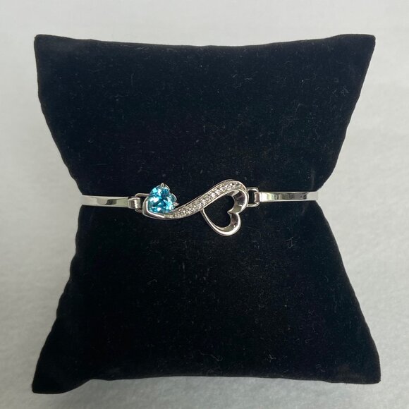 Sterling Silver 925 Prong Set Blue Topaz Heart Oval Hinged Bangle Bracelet 7" - Picture 12 of 16